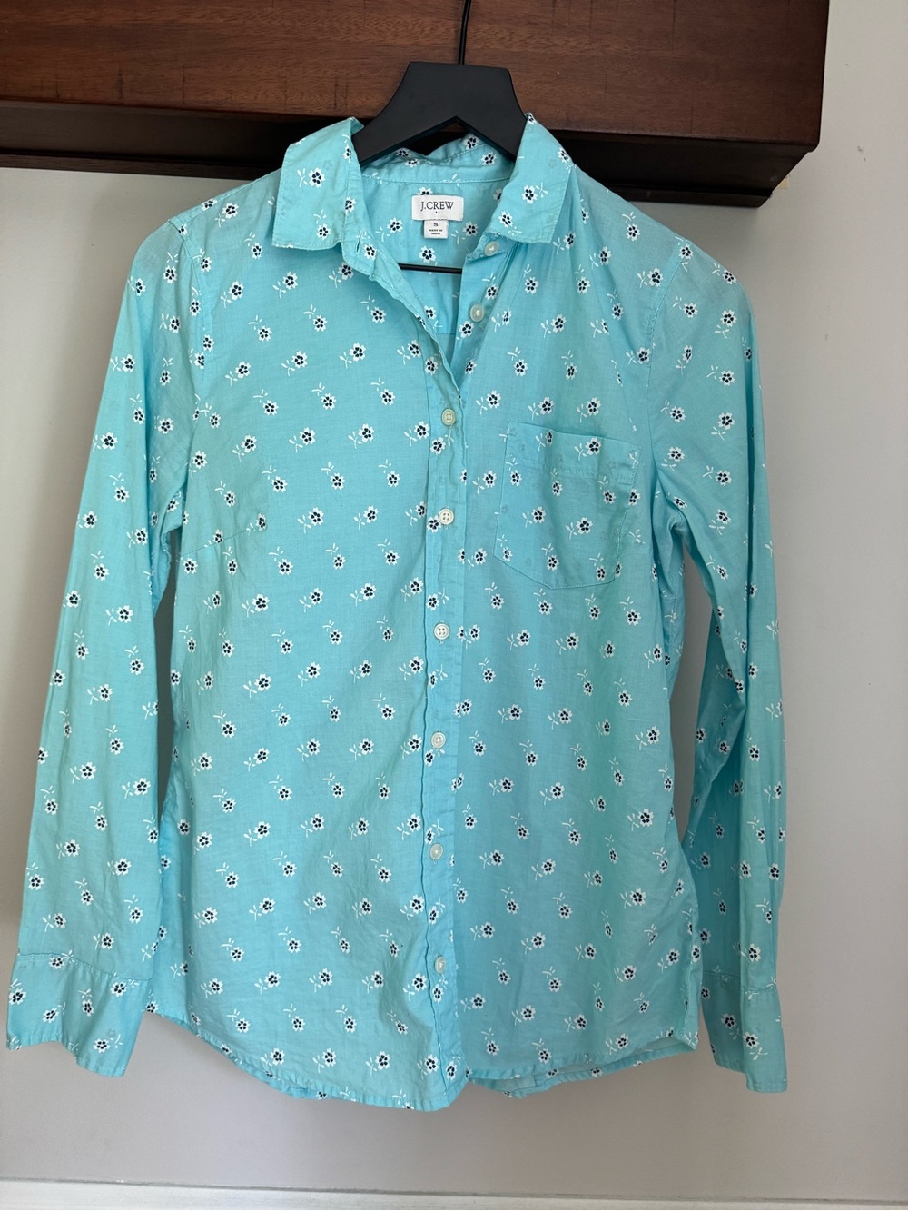 J.Crew Women’s Turquoise Disty Floral Long Sleeve Cotton Button Down Shirt, Sm